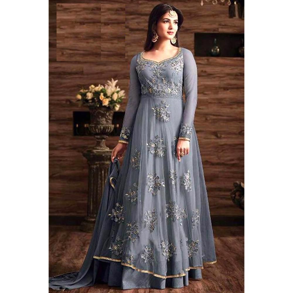 Unstitched Grey Georgette Gown for Women