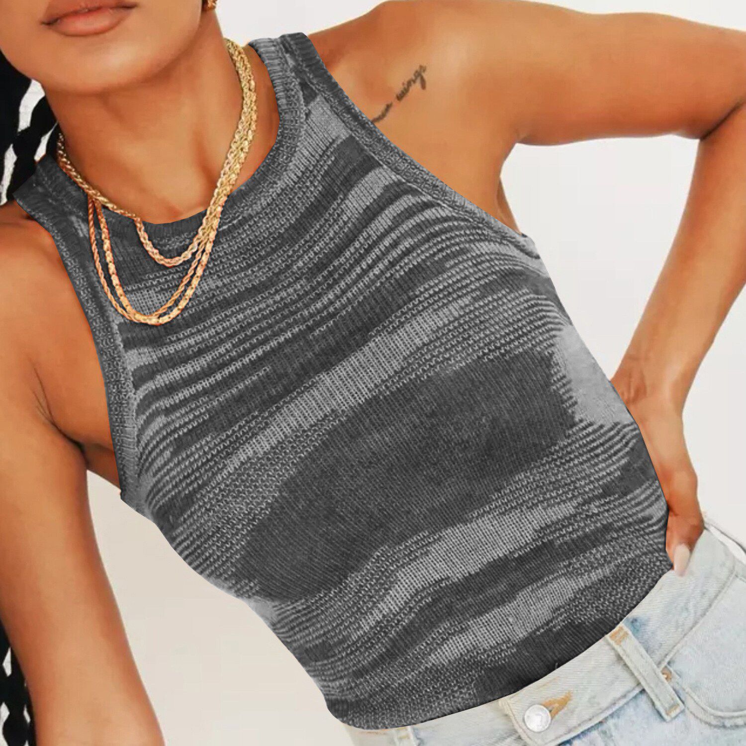 Knit Top Basic Crop Tops Women Sleeveless T Shirt Casual Summer Tank Top Off Shoulder Blue T-Shirts O Neck Vintage Tees