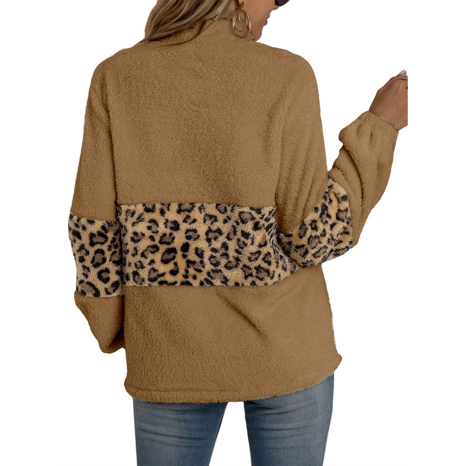 Women Autumn Loose Sweater, Leopard Print Long Sleeve Stand Collar Zipper Pullover