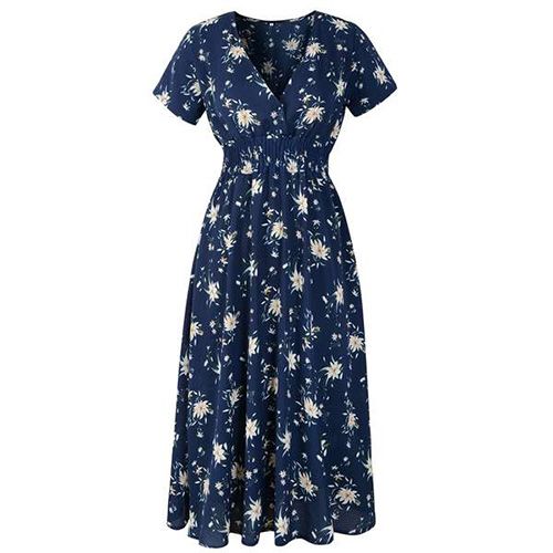 Floral Print V-Neck Ruffle Hem Elastic Waist Dress