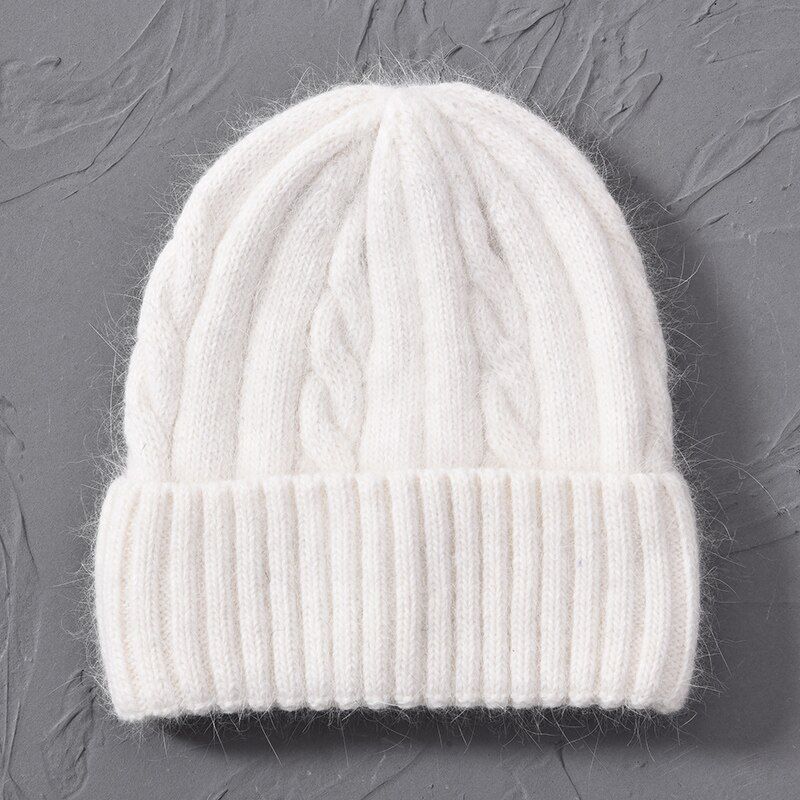 Female Cashmere Blend Winter Hat Long Fur Soft Wool Knitted Hats Women Skullies Wholesale