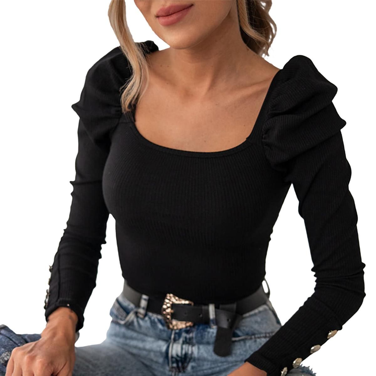 Women Blouse Button Decoration Long Sleeve Women Blouse