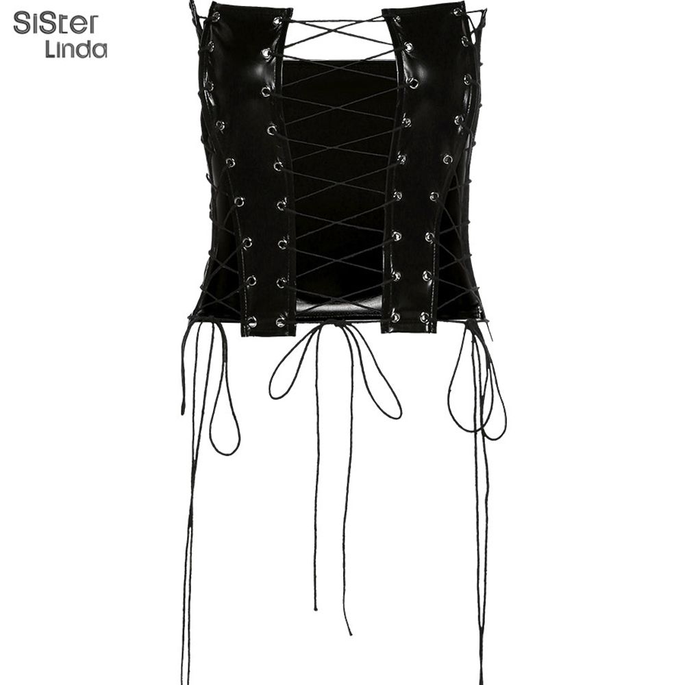 Sisterlinda Women Backless Hollow Lace Up Bandage PU Leather Corset Tops Female Tanks Black Party Clubwear Tees