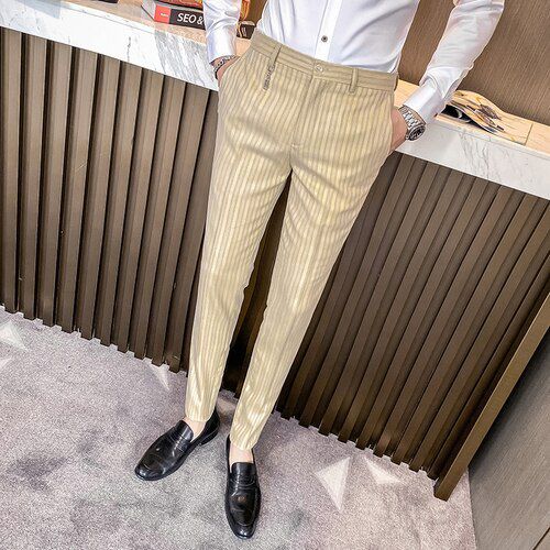 Fall 2021 New Style Striped Suit Pants Slim Fashion Erkek Pantolon Office Formal Pants Social Dress Casual Men's Trousers