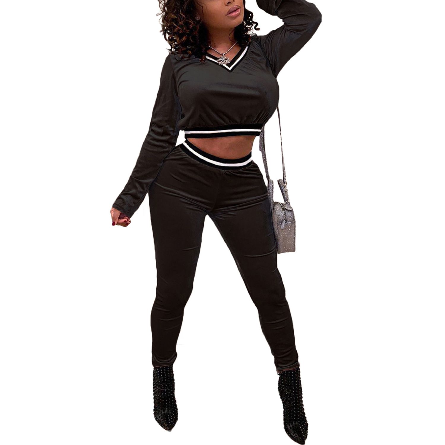 Women’s Casual Two Piece Clothes Fashion Golden Velvet Long-sleeved Exposed Navel Top and High Waist Trousers