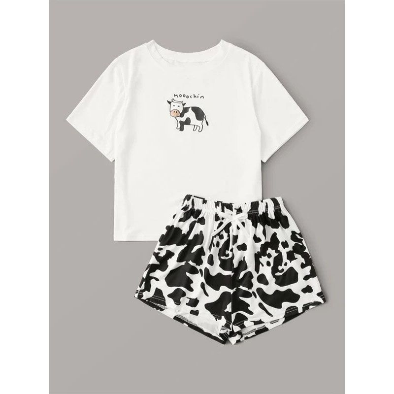 Summer Pajamas Set  For Women Short Sleeve Shorts Sleepwear Cotton Cute Girls Cartoon Casual PJ Set