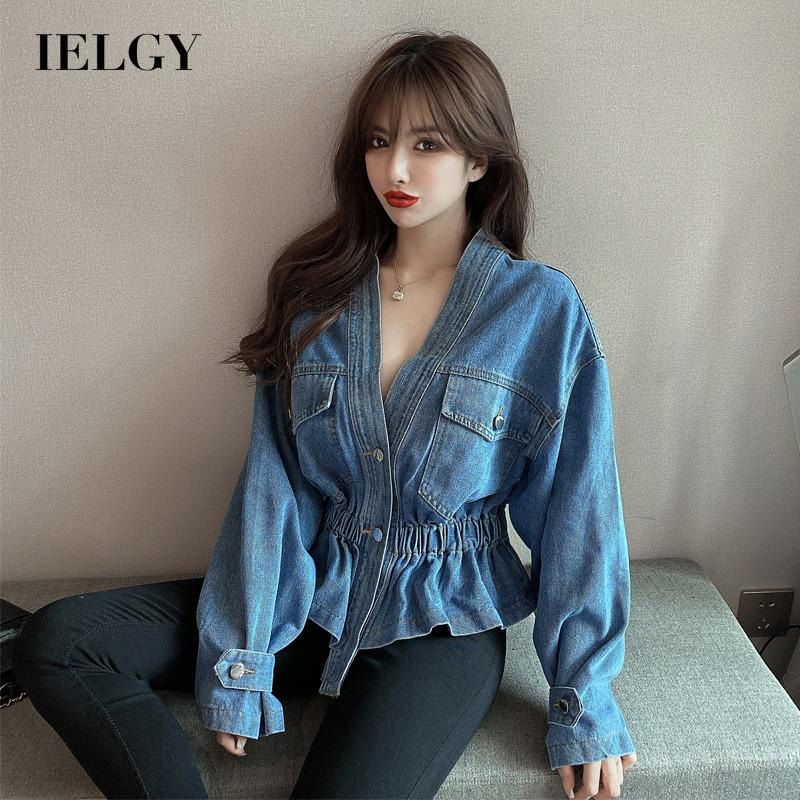 IELGY Women's clothes Top All-match Slim Blue Waist Denim V-neck Long sleeves Short coat