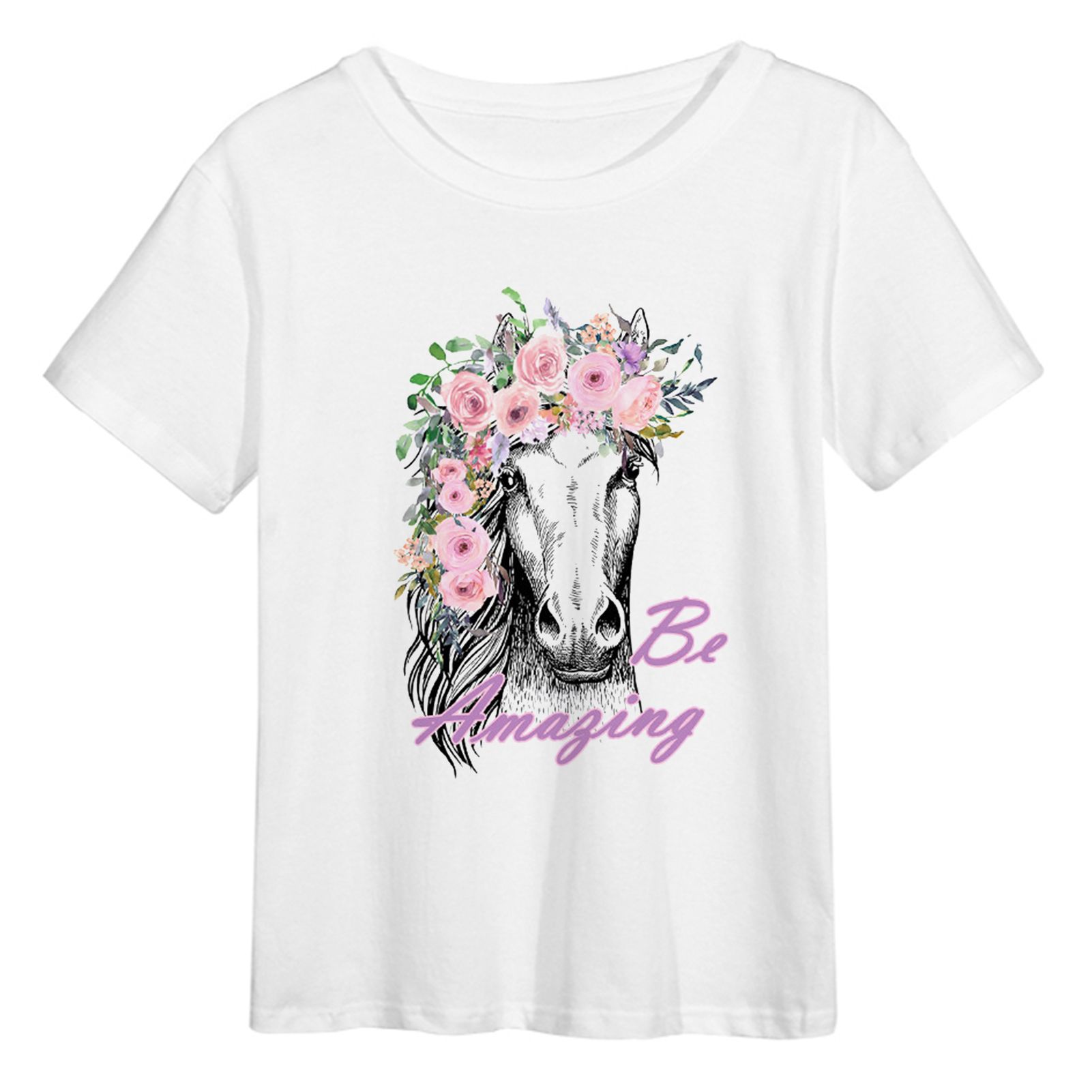 Women Tee Top Attrtive Decorative Flower Printed Bull Head Top
