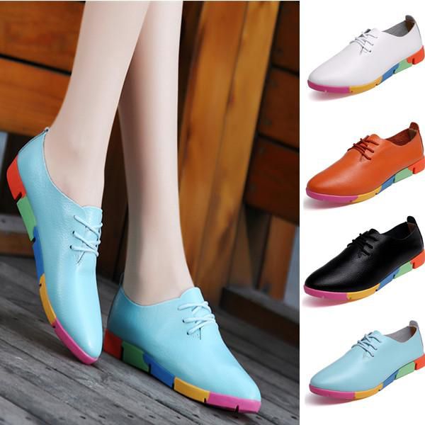 Malaking Sukat EU35-44 Leather Single Shoes Women Fashion Oxfords Casual Lace Up Shoes Flat Maliit na White Shoes