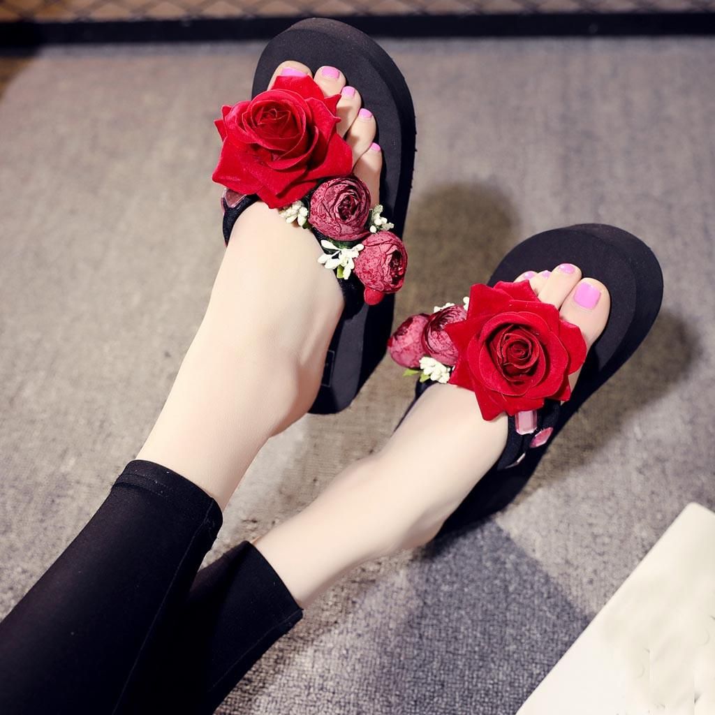 Women Girls Hand-made Floral Wedges Flip Flops Sandals Slippers Beach Shoes