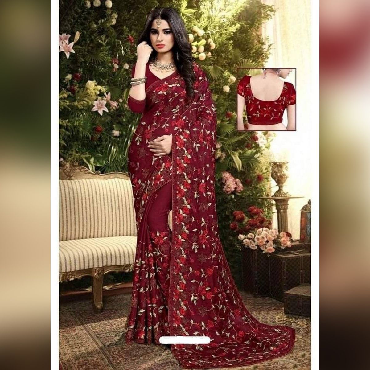 Indian Weightless Georgette Saree Maroon Color High Quality Embroidery Work On Blouse