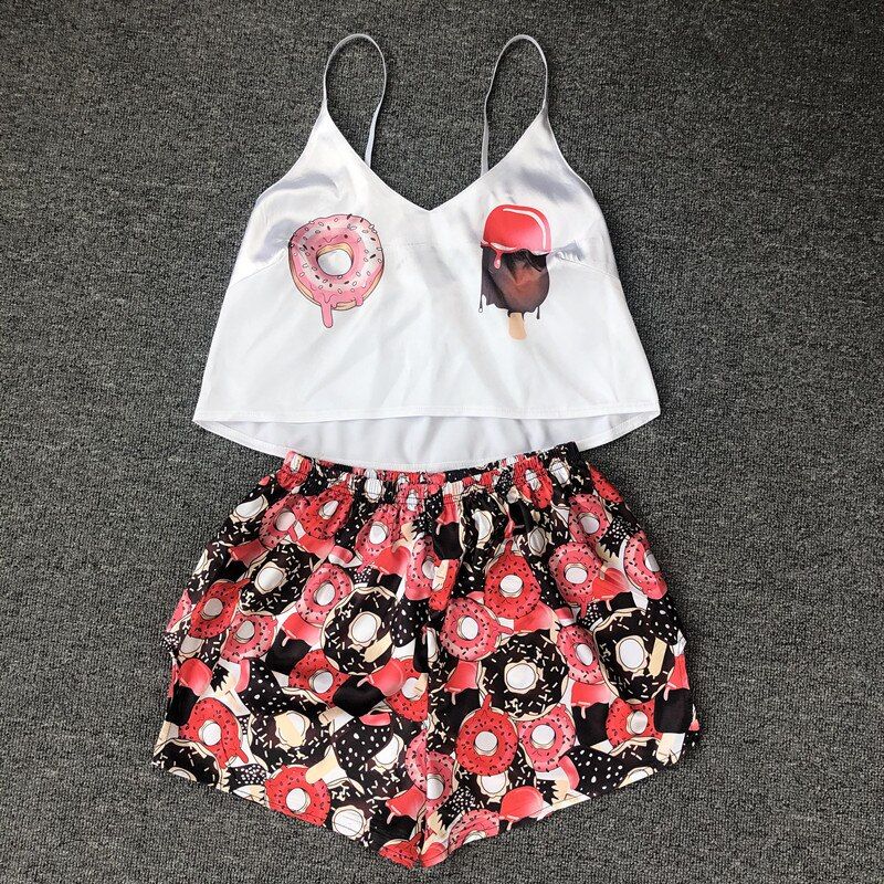 Woman Silk y Pajamas Sets Girls Satin Pyjama Sleepwear Femme Summer Cool Fox Print V Neck Sleeveless Home Suit  Dropsping