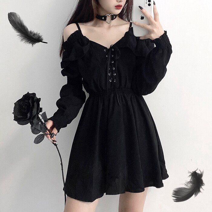 Women Dress Plus Size 4XL Lace Up Black Autumn High Waist Femme Dresses Off Shoulder Long Sleeve Gothic Clothes