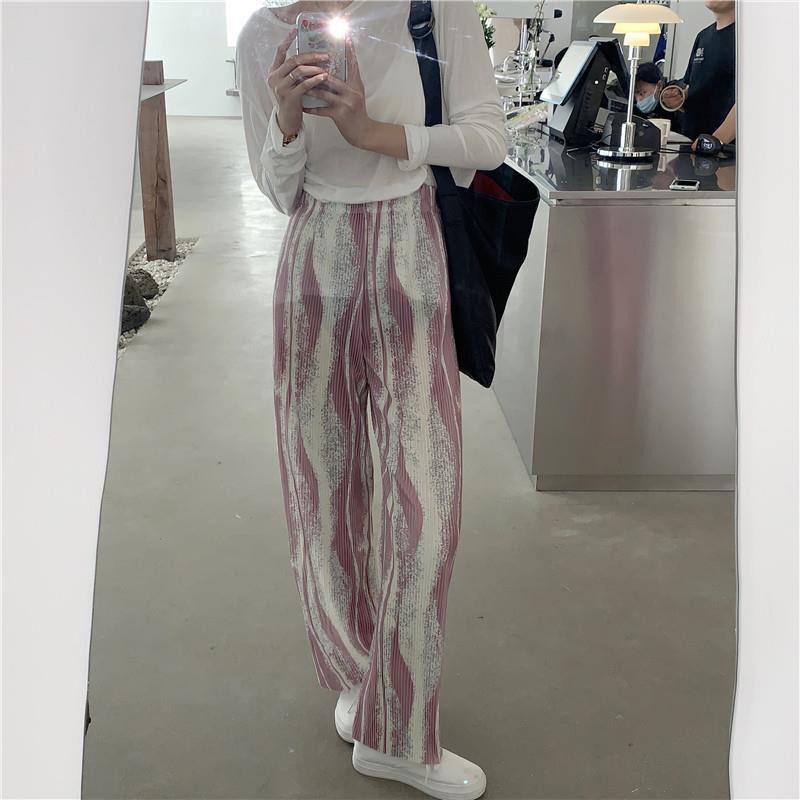 Full Length Pants Women Trendy Pleated Summer Soft High Waisted All-match Chic Ladies Trousers Vintage Print Leisure Womens Pant