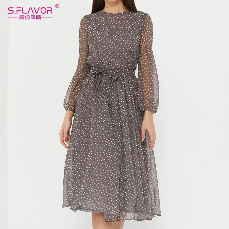 Elegant Dot Print Long Sleeve Polka Dress O Neck Chiffon A Line Women Casual Autumn Dress Vintage Midi Vestidos