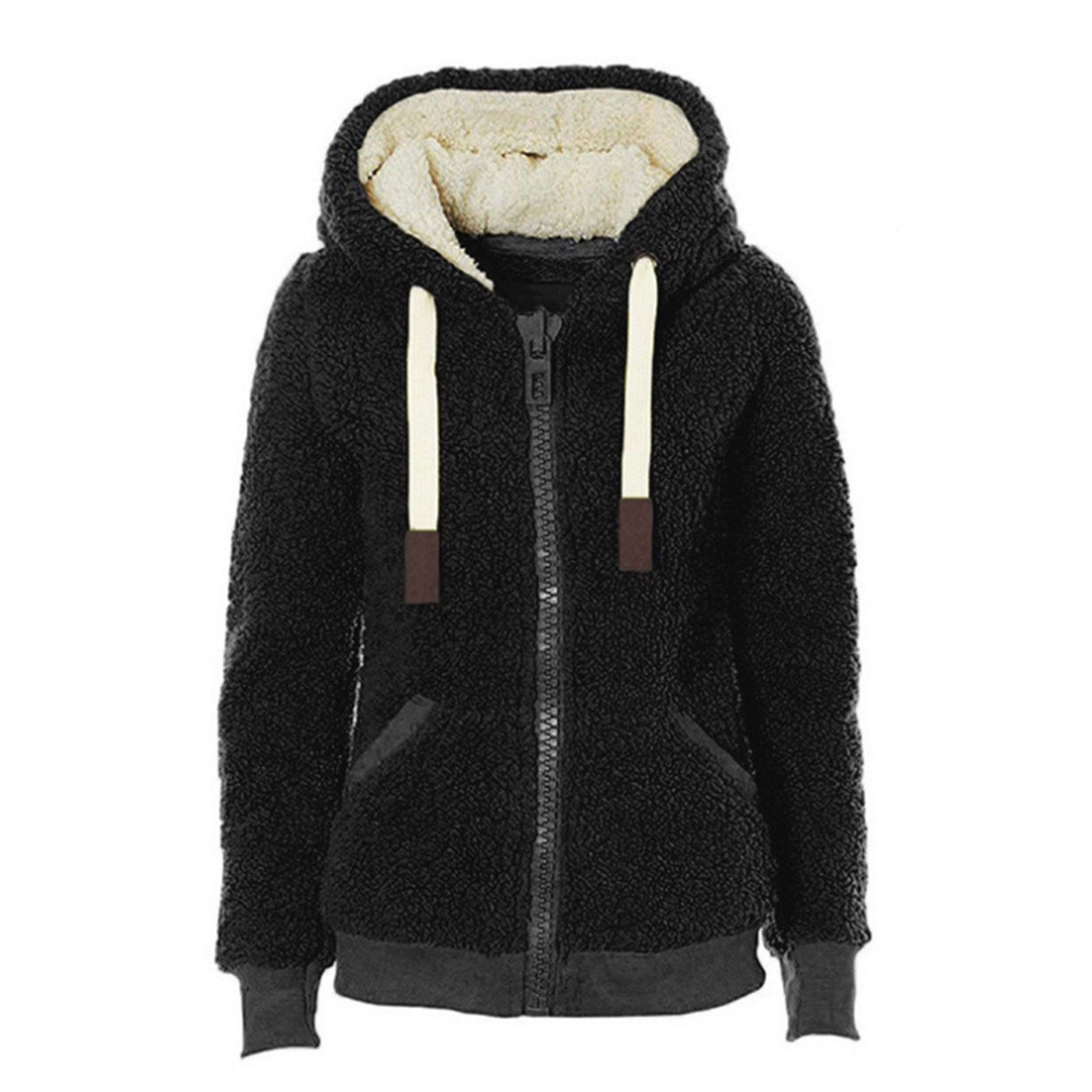 Fluffy Coat Zipper Closure Outdoor Hooded Drawstring Plush Coat