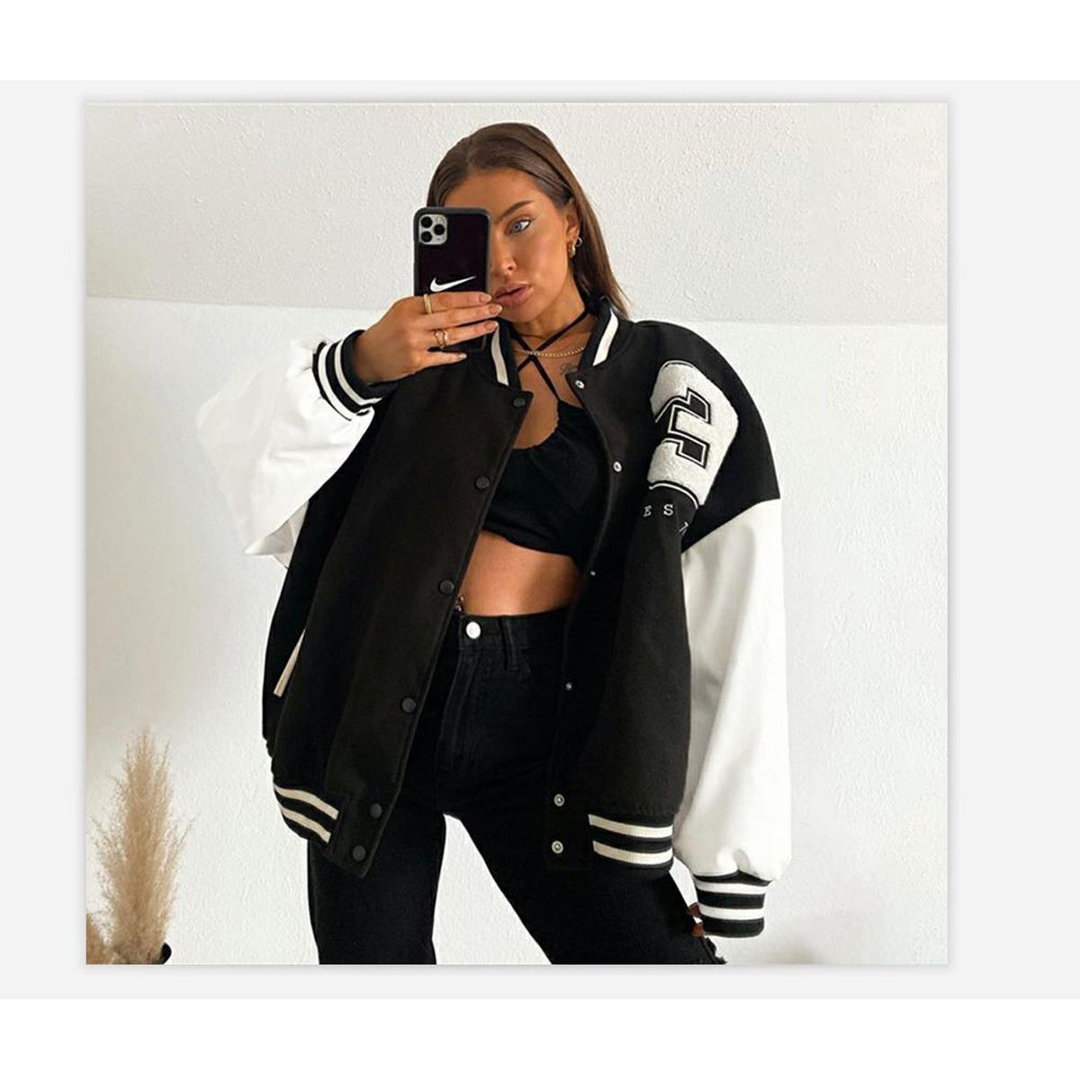 Female Baseball Jacket, Ladies Contrast Color Number Patterns Long Sleeve Coat for Spring Fall, Black White, S/M/L