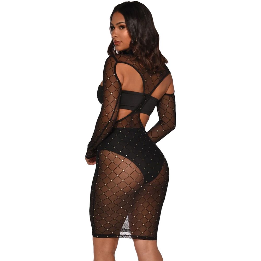 New Dress Perspective Mesh Openwork Tube Top High Collar Slim  Party Nightclub Three-piece Dress