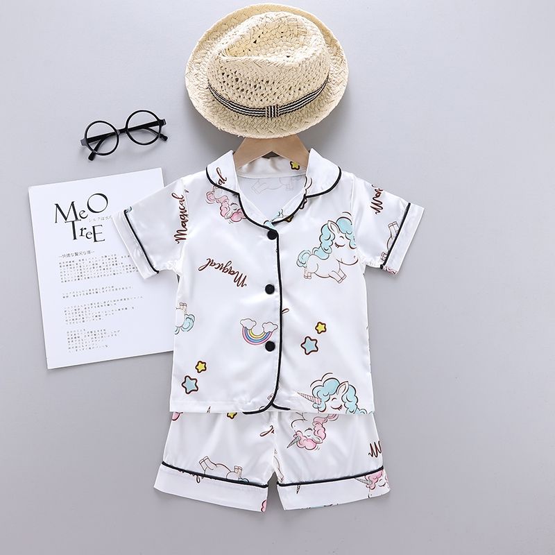 Baby Kids Boys Girls Cartoon Print Outfits Set Short Sleeve Blouse Tops+Shorts Sleepwear Pajamas for 0-6T