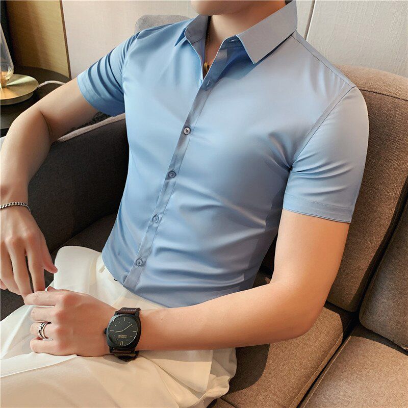 Plus Size 4XL-M Summer Short Sleeve Thin Shirt Men Clothing 2021 Simple Business Formal Wear Slim Fit Casual Dress Blouse Homme