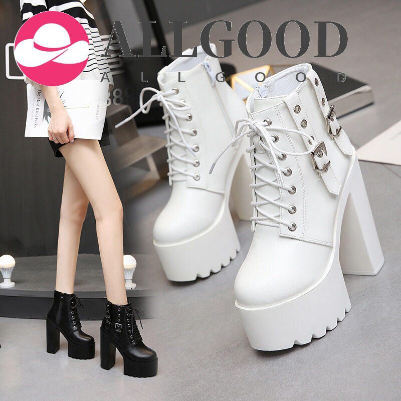 August  Women Round Toe PU Fashion Short Boots Party Square Heel Lace-up