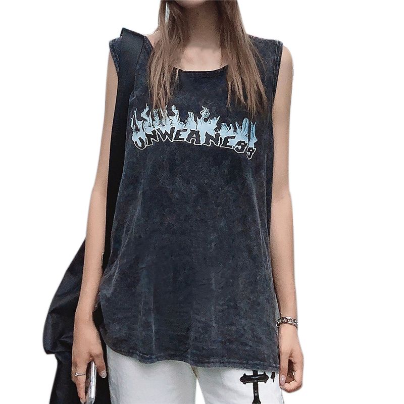 Women's Loose Fit Tank Tops, Chic Flame Letter Print Sleeveless Round Neck T-Shirts