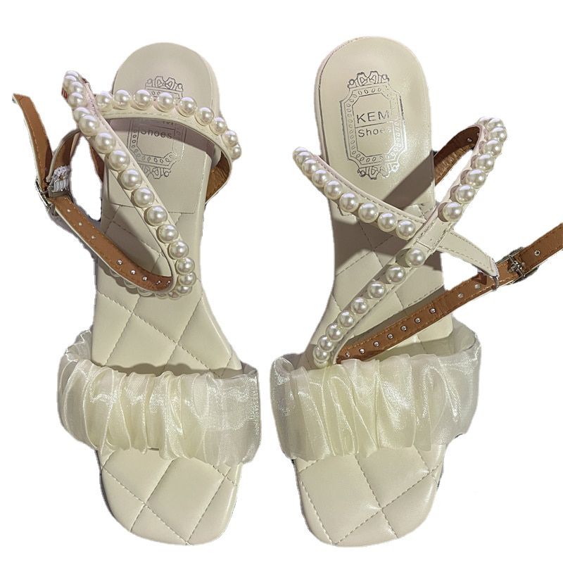 Women's Shoes Sandals String Bead New Summer Open-toe Square Head Chunky Heel Mid-heel Shoes