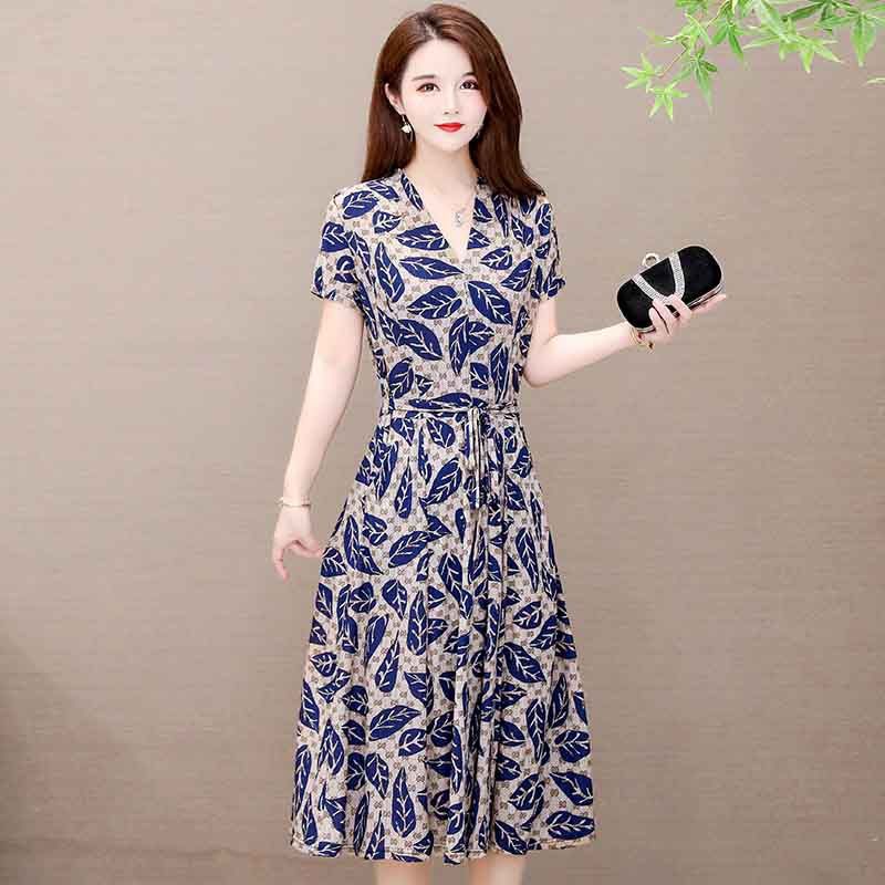 2021 New V-neck summer women dresses Plus Size Summer European Style Brand Cothing Loose short Sleeve Women Dresses
