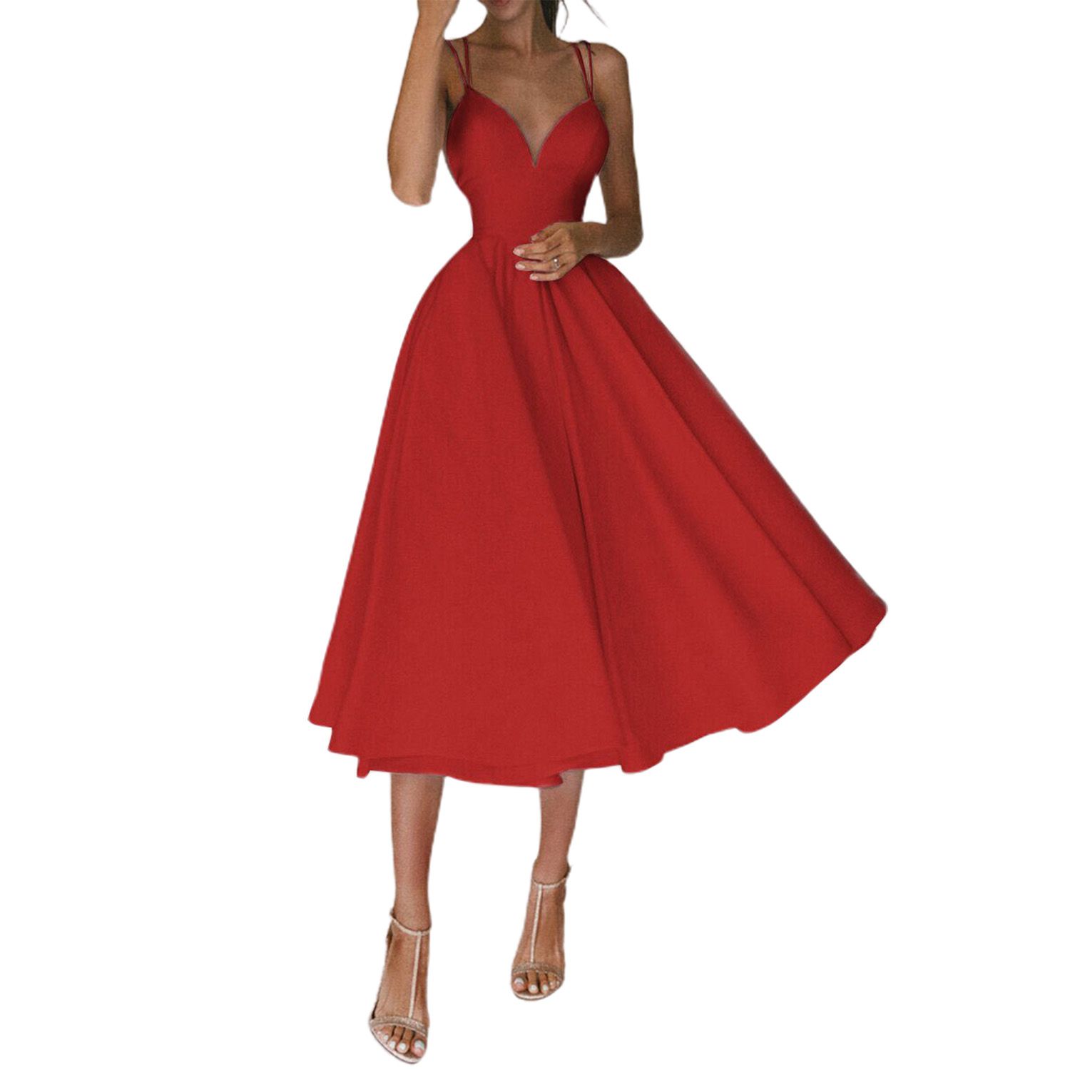 Formal Dress Deep V Neck Spaghetti Strap Off Shoulder Large Hem Women Midi Dress for Banquet