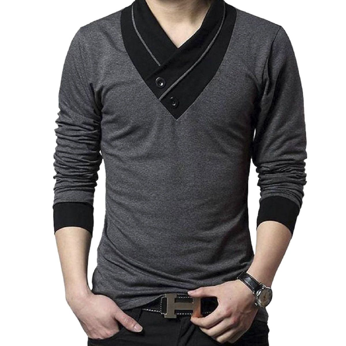 V-Neck Gray Cotton Long Sleeve T-Shirt for Men - T-Shirt For Men - T Shirt For Man - T Shirt For Man