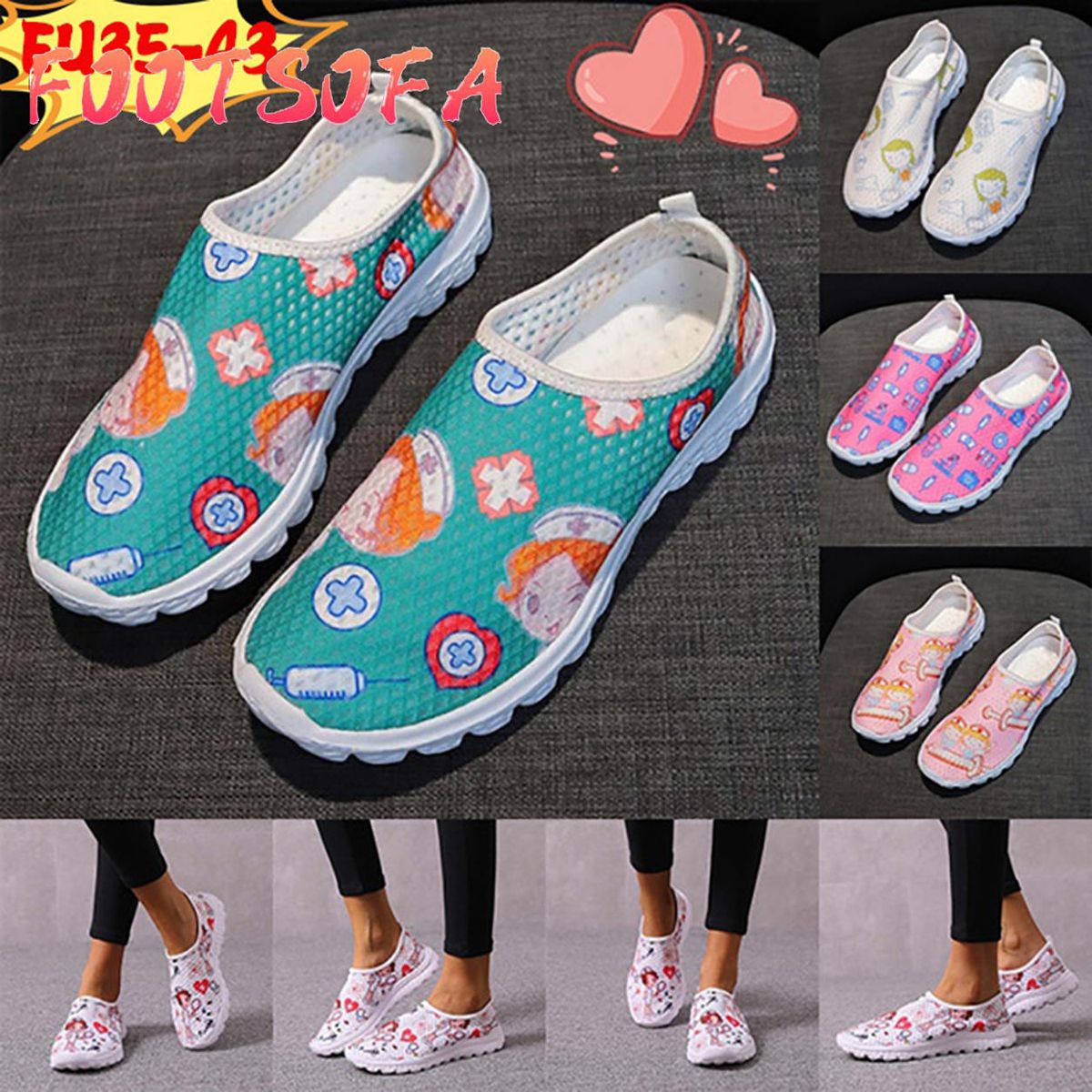 Women's Lightweight Flat Casual Sneakers Mesh Breathable Trainer Tennis Shoes Hospital Cartoon Nurse Printed Loafers Running Shoes Plus Size 34-43