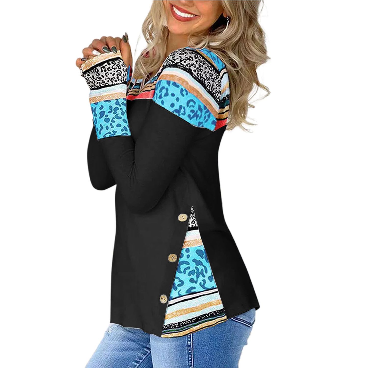 Tunic Top Slim Striped Patchwork Print Split Hem Tunic Top