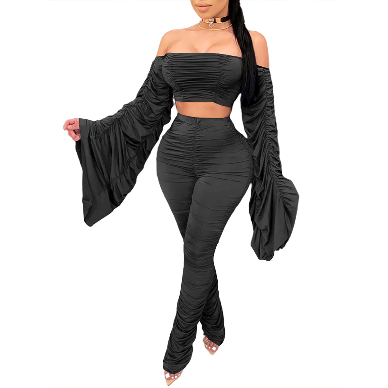 2021 Women  Two-piece Clothes Set, Solid Color Flared Sleeve Crop Top + Long Pants, Black/ Blue/ Rosy
