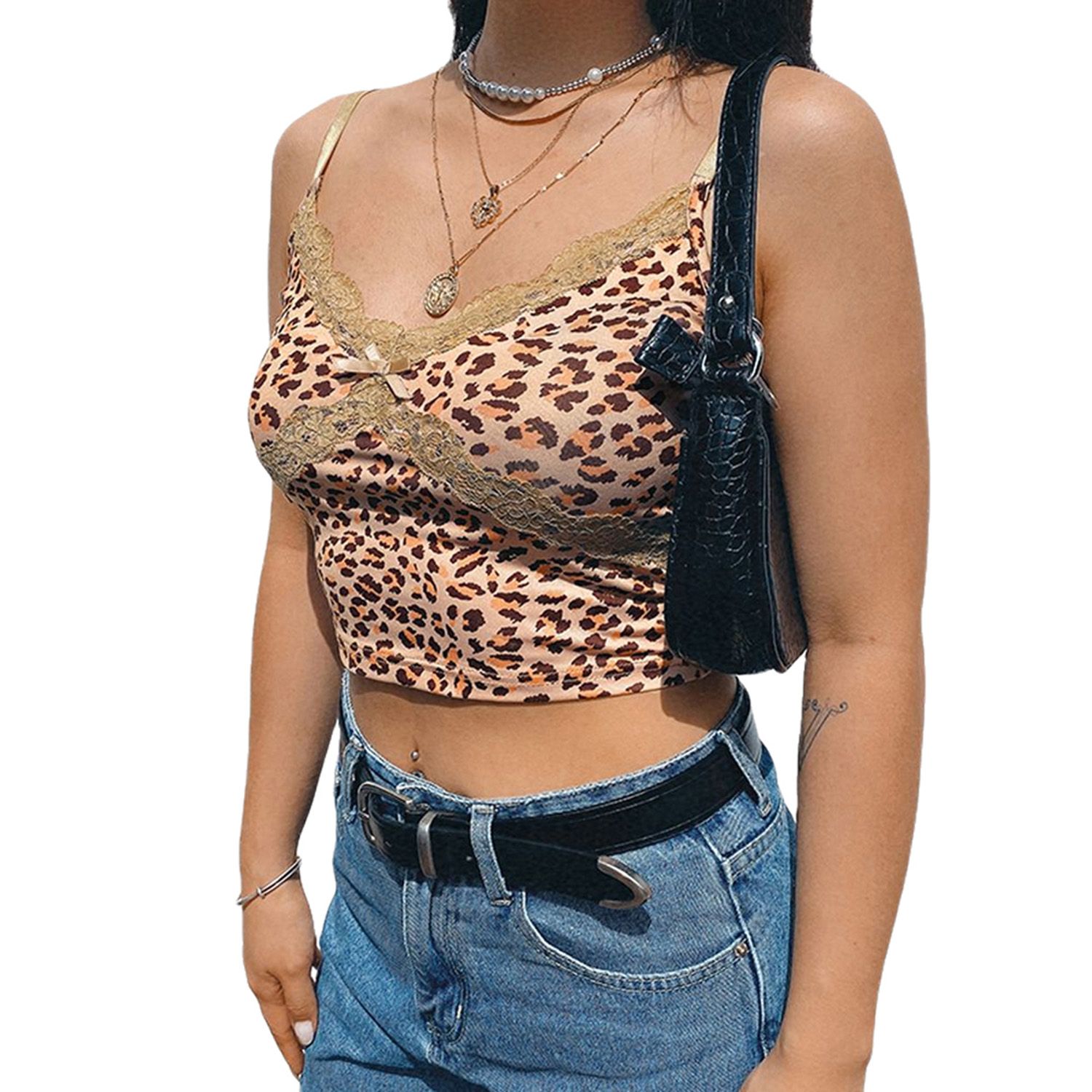 New Women's Leopard Print Sleeveless Camisole V Neck Spaghetti Strap Lace Trim Tank Top