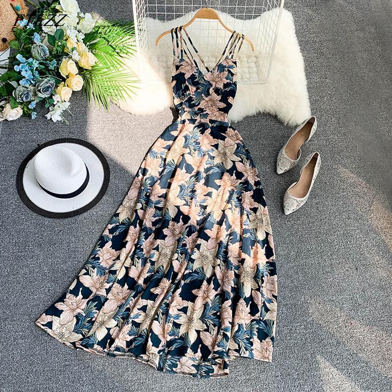 Women Floral Print Dress Summer V-neck Backless Long Dresses Female Elegant Bohemian Party Dress Vestido