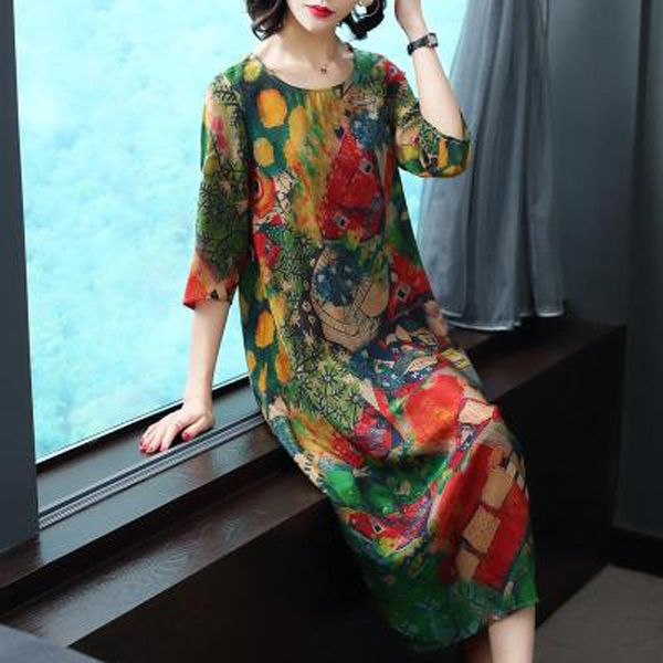 AYUNSUE Women Summer Silk Casual Dress Elegant Print Plus Size Dress V Neck Floral Women's Dresses Vintage Vestido 2020 KJ1854