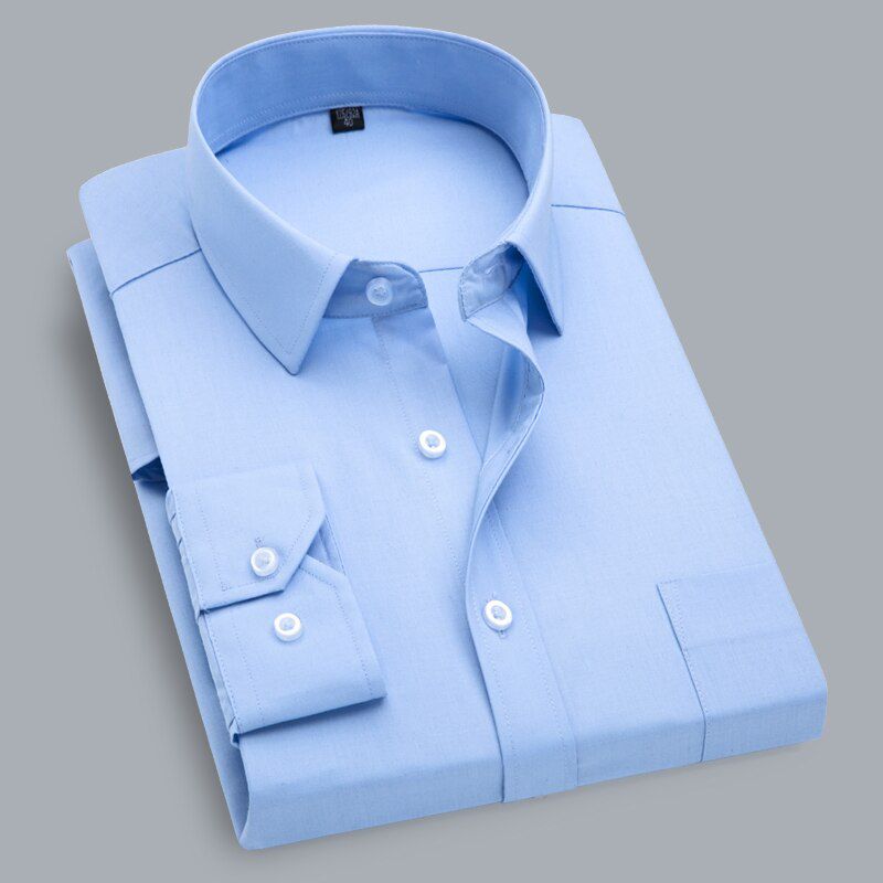 Mens Long Sleeve White Dress Shirt with Left Chest Pocket Cotton Male Casual Regular-Fit Blouse Button Down Formal Shirts