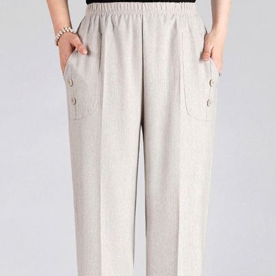 Plus Size Women's Trousers Summer Elastic High Waist Elderly Casual Pants Cotton Linen Straight Pants Female