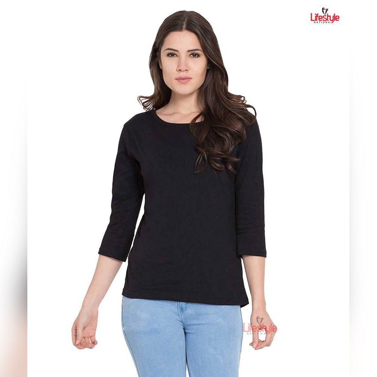 Black Cotton Women Full Sleeve T-Shirt Code-LN5179T