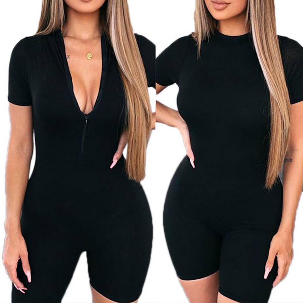 Women Short Sleeve Zipper Front Solid Color Bodycon Rompers Reversible Tight Jumpsuit