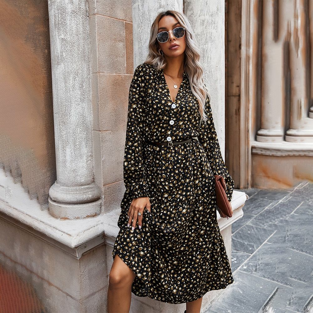 Spring Long Sleeve Midi Dress Women Autumn Leopard Print Loose White Green Casual Dresses 2021 Fashion Elegant Clothing Fall