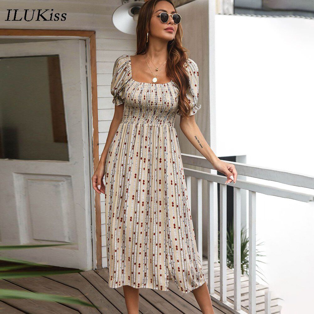 Vintage Short Sleeve Midi Dress Women Summer Fashion Casual Woman Off Shoulder Slim Print Office Ladies Dresses Elegant