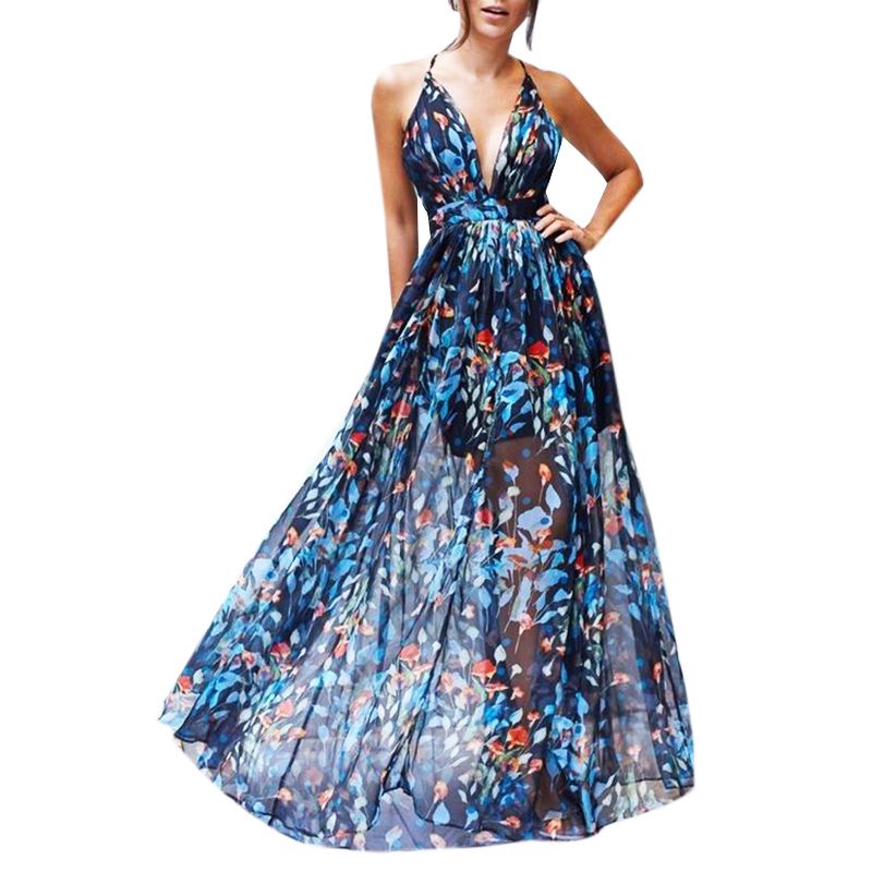 Elegant Boho Women Summer Dress y V neck Strap Dress Female Floral Print Dress S
