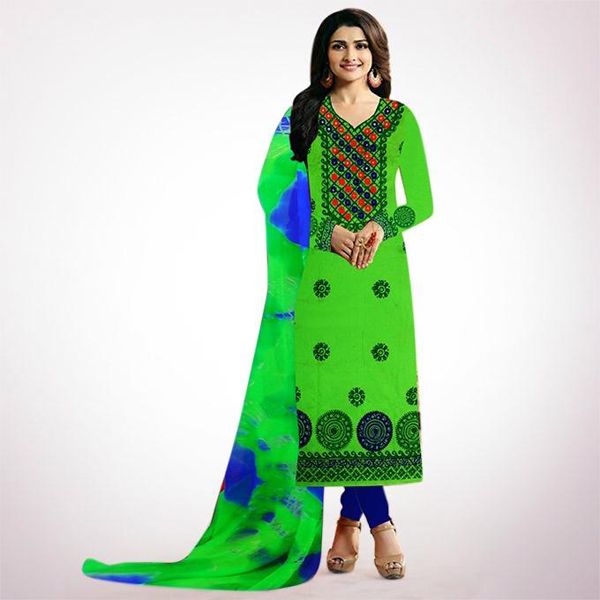 Unstitched Lime  Embroidery Cotton Salwar Kameez For Women