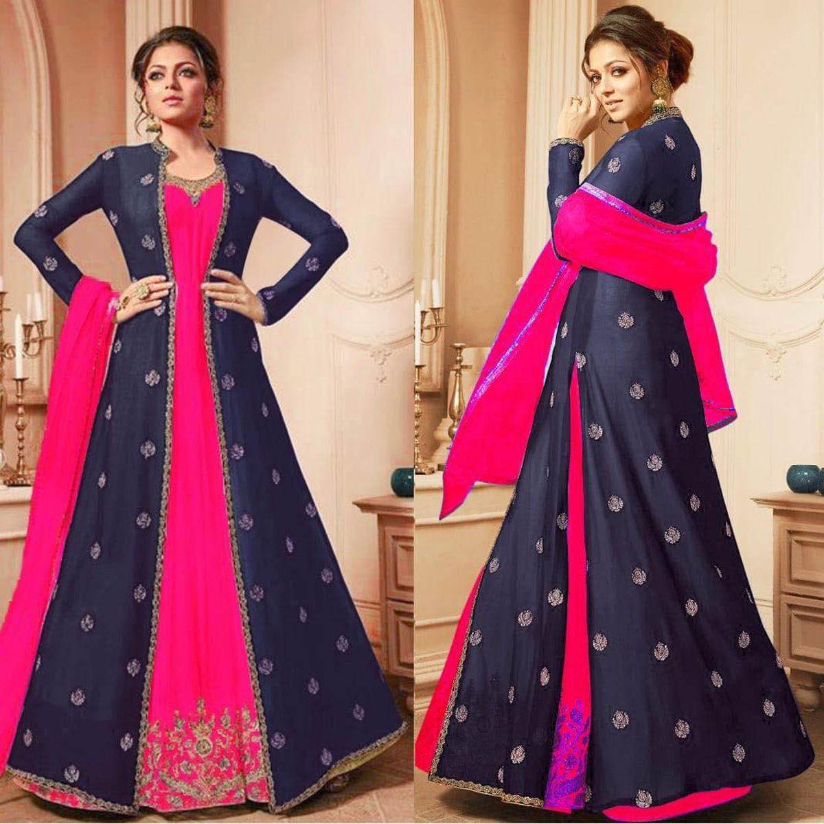Fashion canvas Featuring Exclusive Indian Unstitched Georgette Embroidery Gown Three Piece-Black
