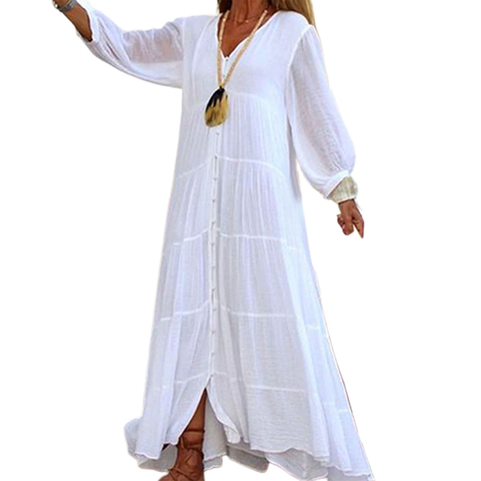 Amamia Long Dress Lightweight Solid Color Buttons Closure Long Dress