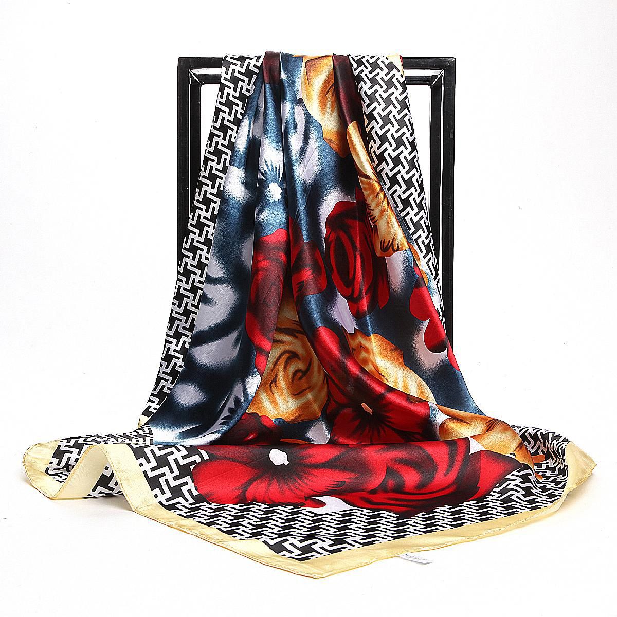 【ALLGOOD】Women'S Scarves Professional Square Scarf National Style Shawl 90cm Silk Smooth Satin Fashion Floral Shiny Lady Women  90cm (35.4Inches)