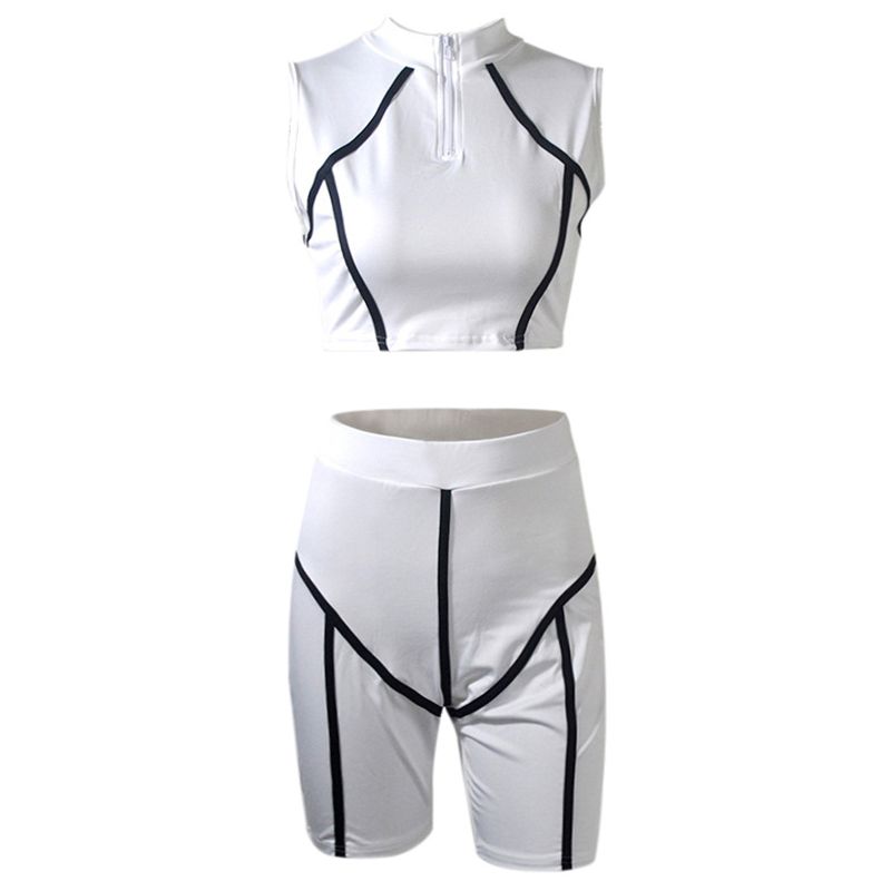 Women Sets Summer Tracksuits Fitness Sleeveless V-Neck Tops+Shorts Suit Two Piece Set 2 Pcs Outfits Milky M
