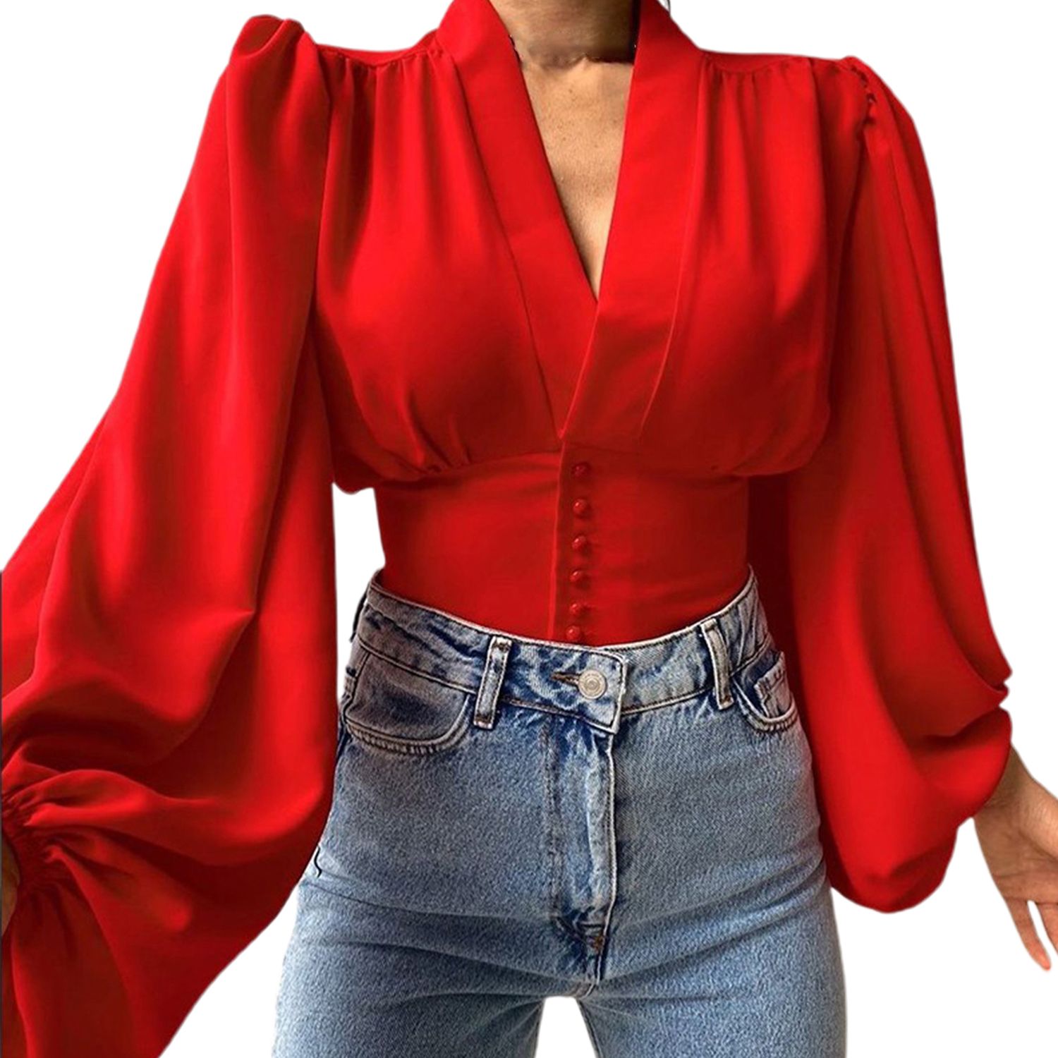 Elegant Shirt Lantern Sleeve Tament Pure Color Shirt