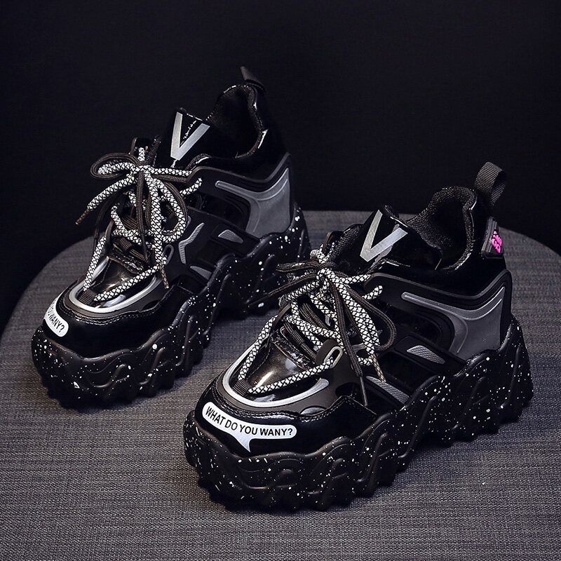 10cm/3.9 Inch Height Wedge Sneakers for Women Kroea Style Lace Up Casual Shoes